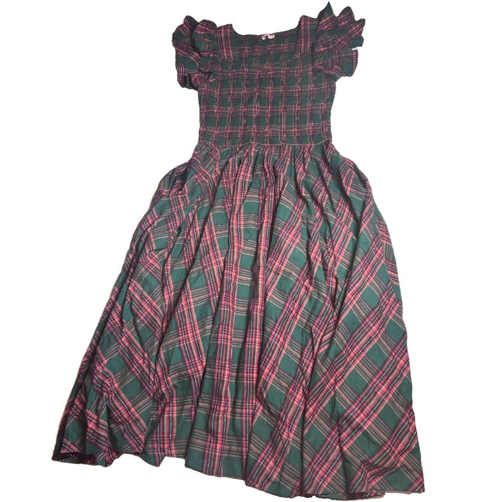 ivy city co Dress Sz m Green tartan Plaid Cotton Maxi Ruffle full Cottagecore